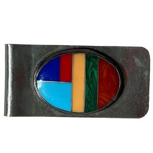 Vintage Native American Silver Plated Multi Gemstone Inlay Unisex Money Clip